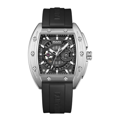 Mark Fairwhale SKELTOR men’s skeleton automatic watch with silver tonneau case and rubber strap