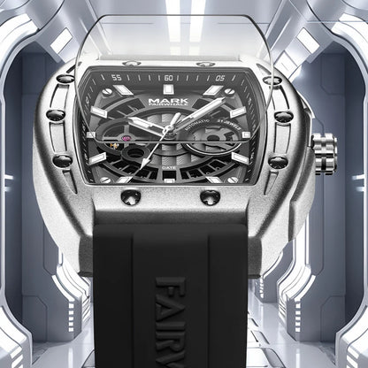 Mark Fairwhale SKELTOR men’s skeleton tonneau watch with luminous dial and Hardlex crystal