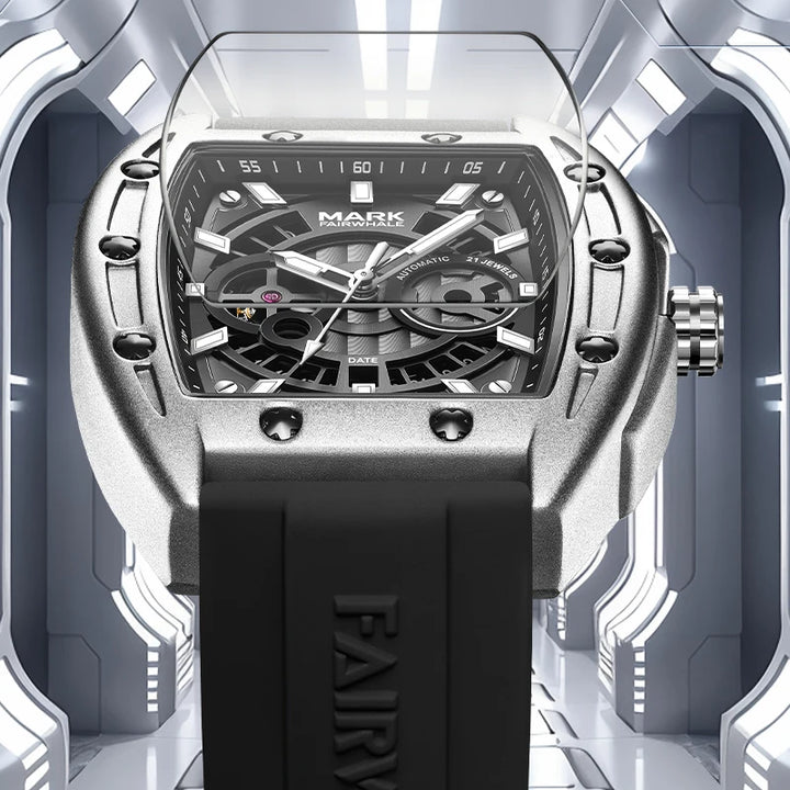 Mark Fairwhale SKELTOR men’s skeleton tonneau watch with luminous dial and Hardlex crystal