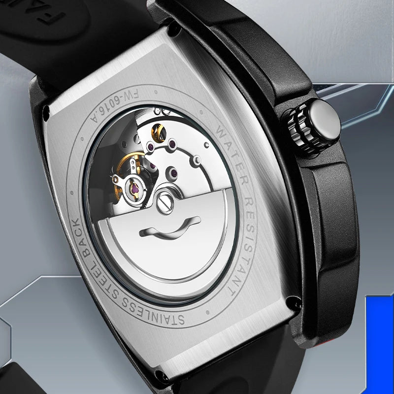 Mark Fairwhale SKELTOR automatic watch showcasing stainless steel back and visible movement
