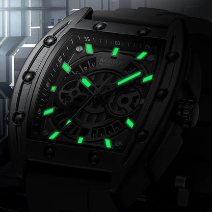 Mark Fairwhale SKELTOR skeleton watch with luminous green hands and markers in dark setting