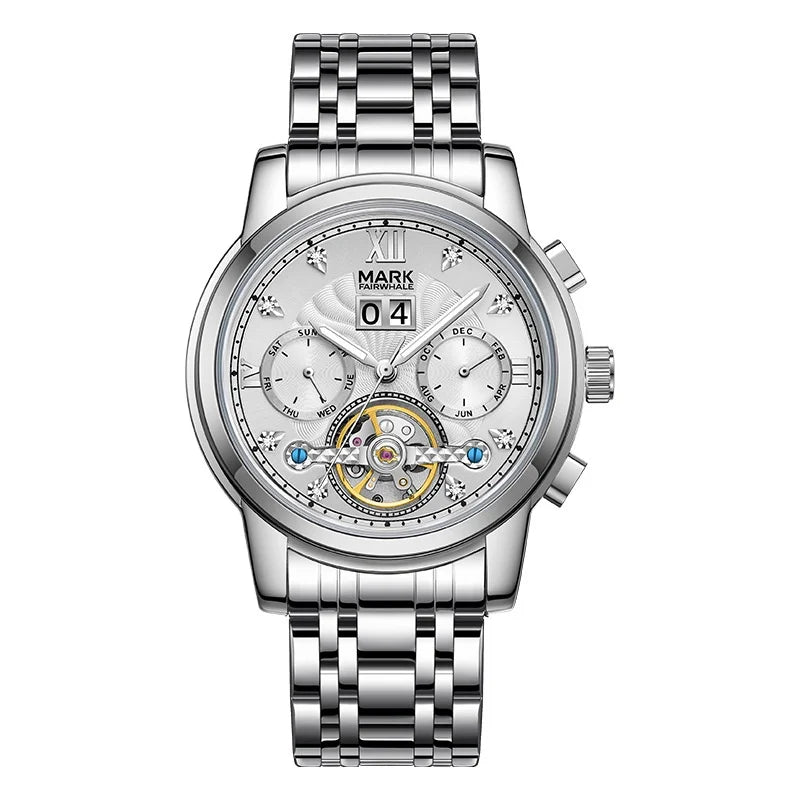 Mark Fairwhale 6980 VALTOR stainless steel men’s automatic skeleton tourbillon watch with white dial and full calendar – elegant luxury timepiece
