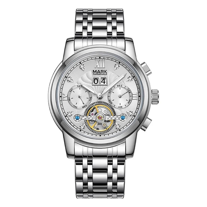 Mark Fairwhale 6980 VALTOR stainless steel men’s automatic skeleton tourbillon watch with white dial and full calendar – elegant luxury timepiece