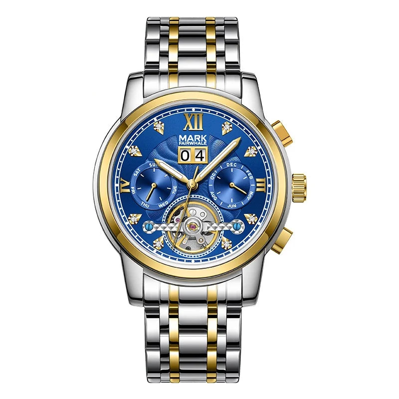 Mark Fairwhale 6980 VALTOR men’s luxury automatic skeleton tourbillon watch with blue dial, gold bezel and stainless steel bracelet – full calendar design