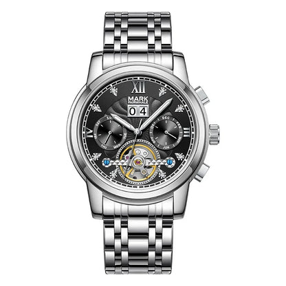 Mark Fairwhale 6980 VALTOR men’s skeleton tourbillon watch with black dial, stainless steel bracelet and full calendar – luxury automatic watch