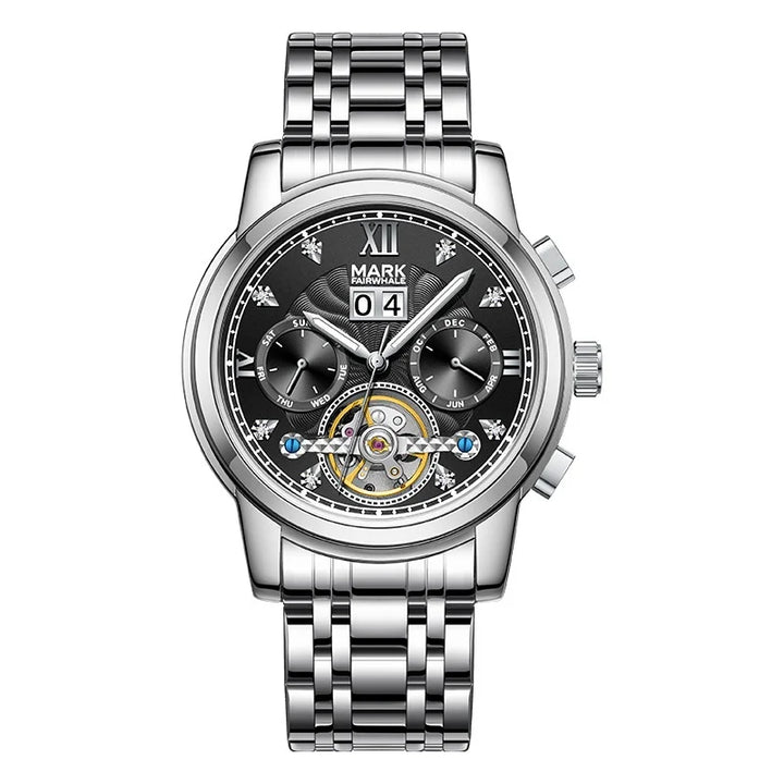 Mark Fairwhale 6980 VALTOR men’s skeleton tourbillon watch with black dial, stainless steel bracelet and full calendar – luxury automatic watch