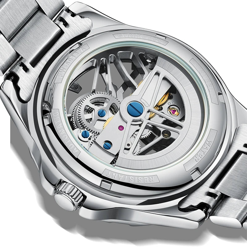 Back view of Mark Fairwhale VELTOSKEL skeleton automatic watch showing self-winding mechanical movement