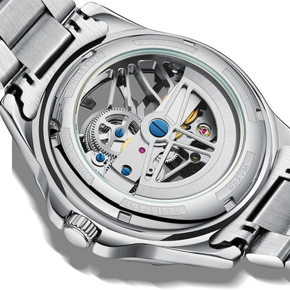 Back view of Mark Fairwhale VELTOSKEL skeleton automatic watch showing self-winding mechanical movement