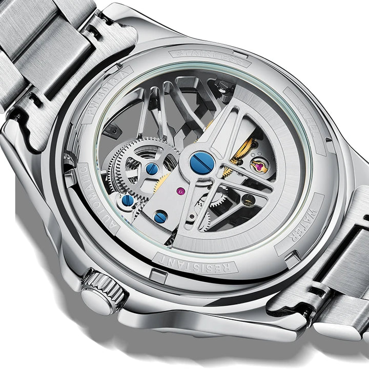 Back view of Mark Fairwhale VELTOSKEL skeleton automatic watch showing self-winding mechanical movement