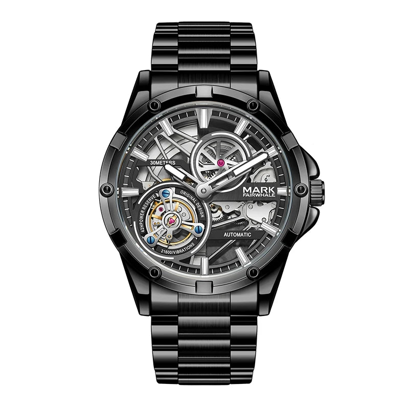 Mark Fairwhale VELTOSKEL men’s skeleton automatic watch with luminous dial and stainless steel strap – luxury timepiece front view