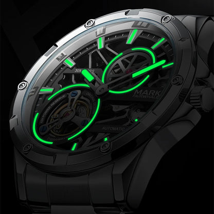 Mark Fairwhale VELTOSKEL skeleton automatic watch with luminous hands and markers glowing in the dark