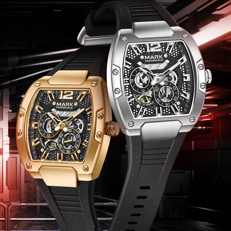 Mark Fairwhale VELTROX men’s chronograph watches in gold and silver with skeleton dial