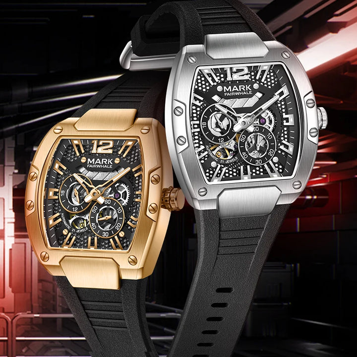 Mark Fairwhale VELTROX men’s chronograph watches in gold and silver with skeleton dial