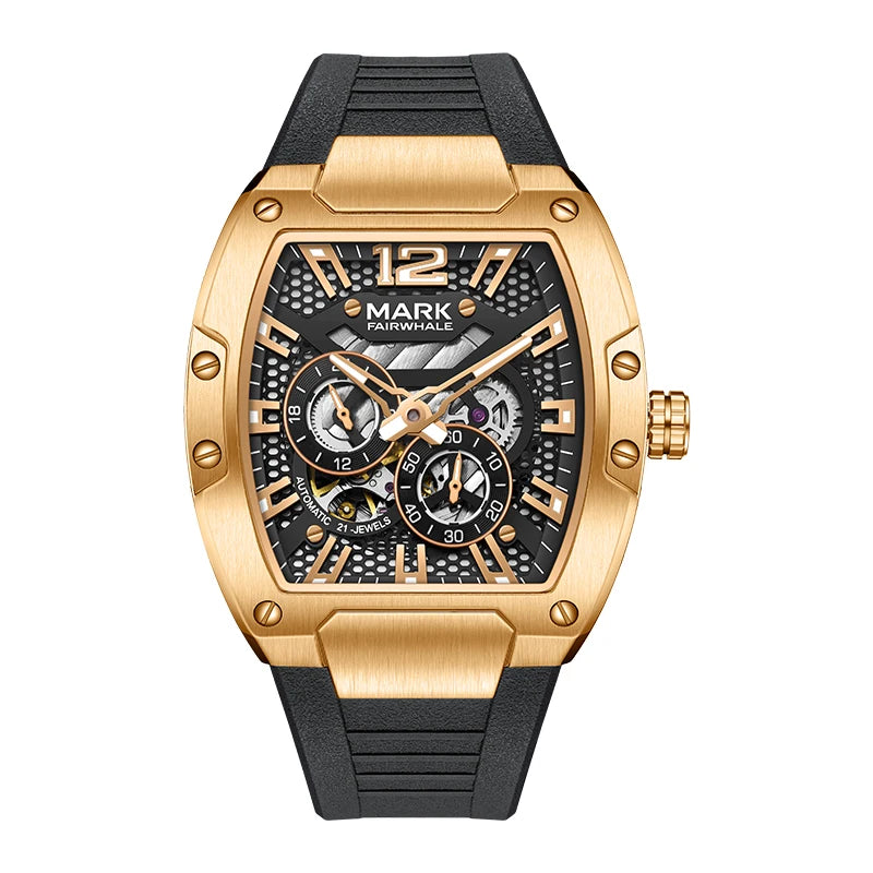Mark Fairwhale VELTROX gold skeleton automatic chronograph watch with rubber strap