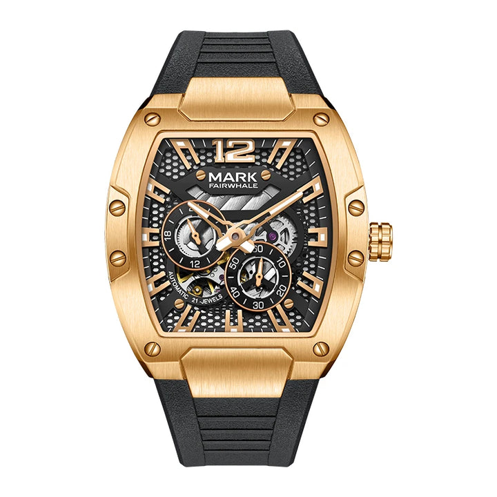 Mark Fairwhale VELTROX gold skeleton automatic chronograph watch with rubber strap