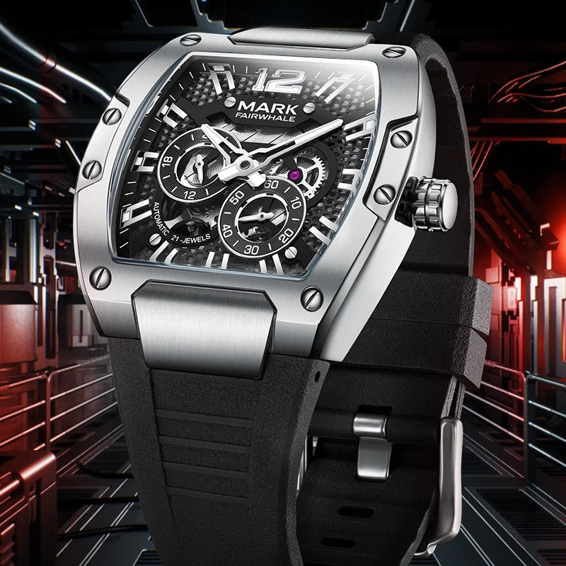 Mark Fairwhale VELTROX silver men’s chronograph skeleton watch with rubber strap