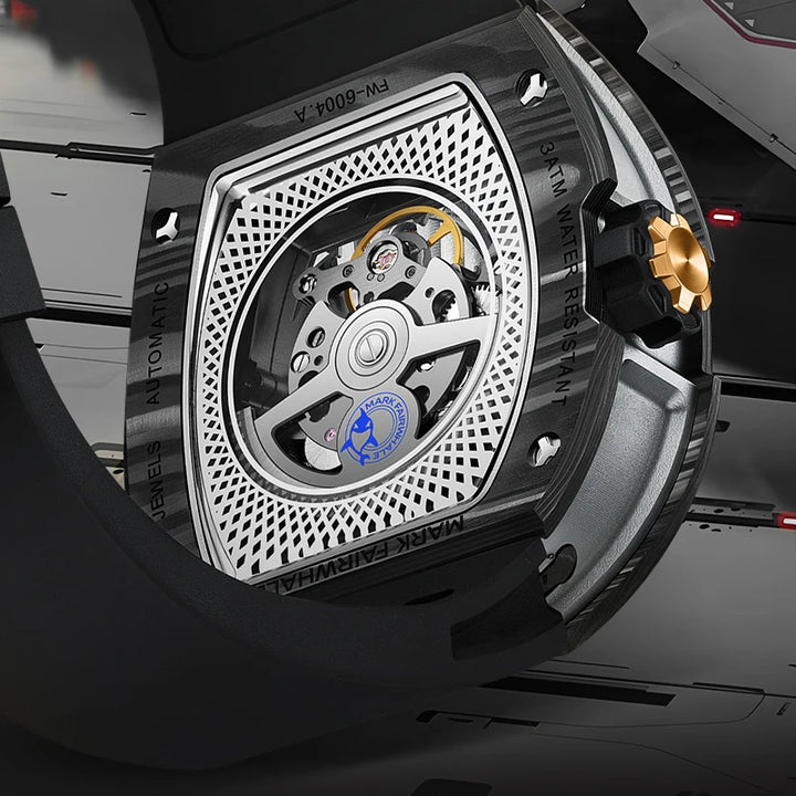 Mark Fairwhale FW-6004 VYNTRO men’s skeleton tourbillon automatic watch with transparent case back showcasing movement