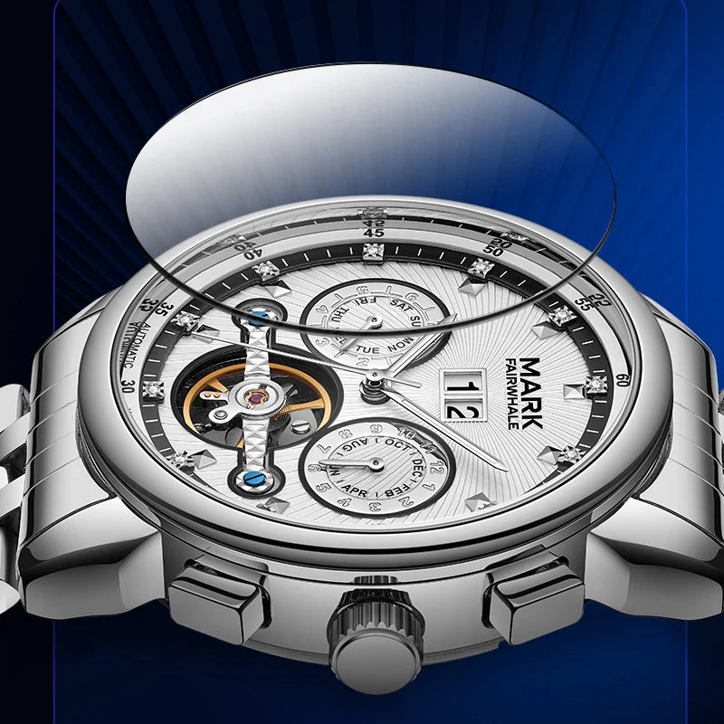 Fairwhale men’s luxury automatic watch with white dial, complete calendar and sapphire crystal