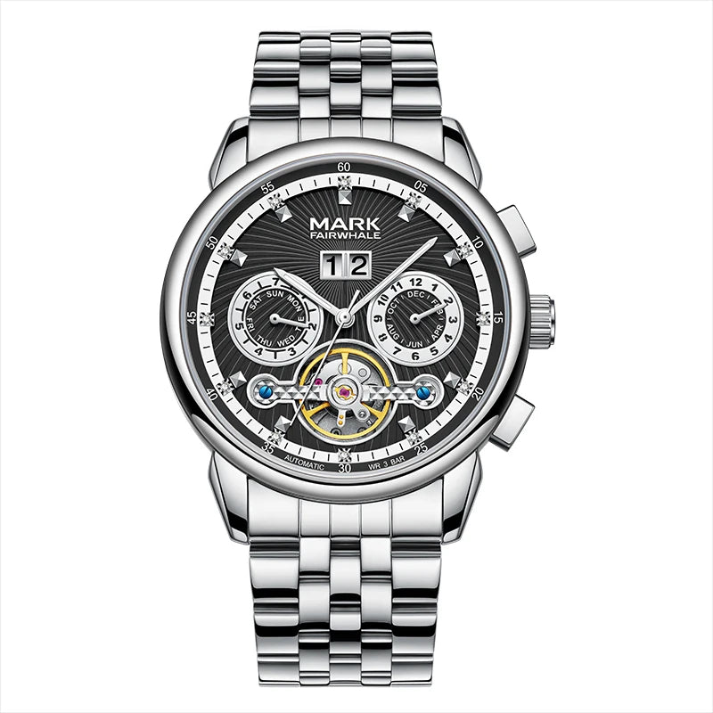 Men’s Fairwhale XAUREO luxury skeleton automatic watch with black dial, stainless steel case and calendar function