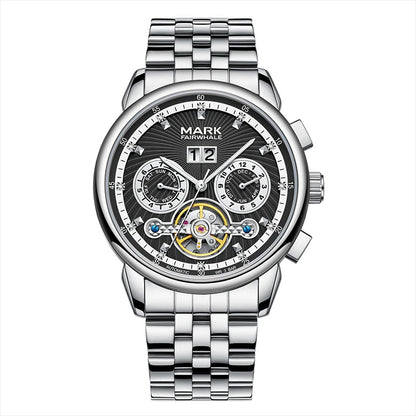 Men’s Fairwhale XAUREO luxury skeleton automatic watch with black dial, stainless steel case and calendar function