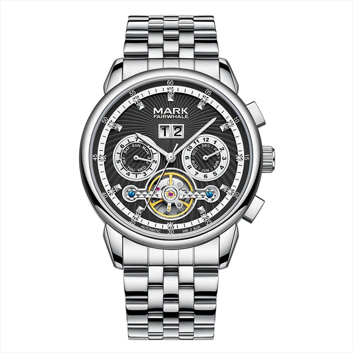 Men’s Fairwhale XAUREO luxury skeleton automatic watch with black dial, stainless steel case and calendar function