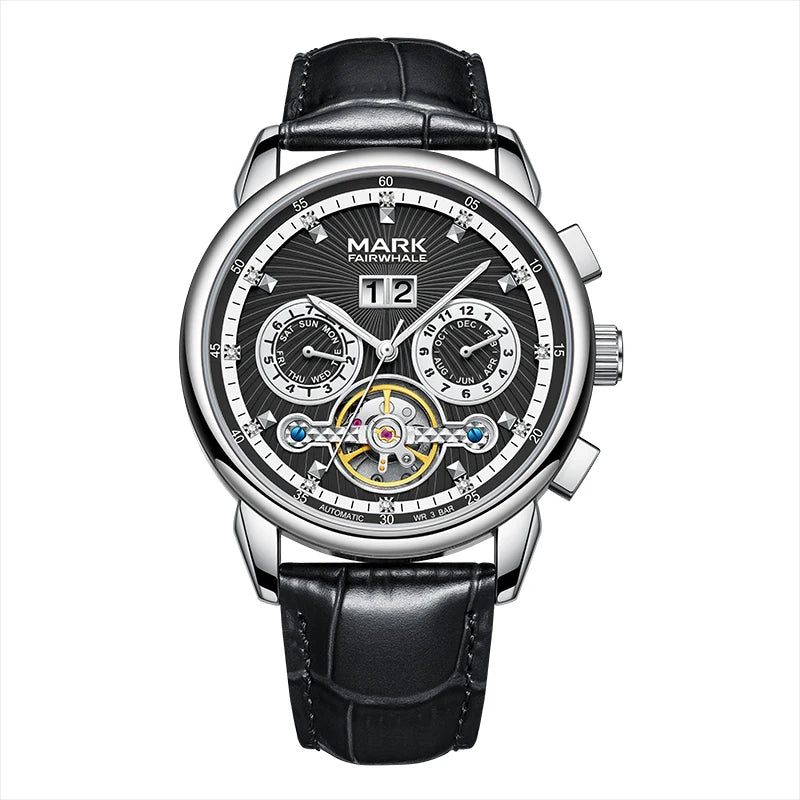 Luxury Fairwhale XAUREO men’s skeleton tourbillon automatic watch with black leather strap and complete calendar