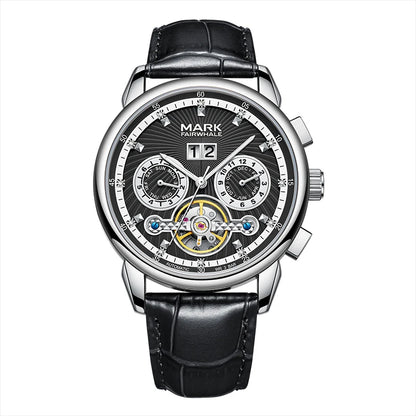 Luxury Fairwhale XAUREO men’s skeleton tourbillon automatic watch with black leather strap and complete calendar