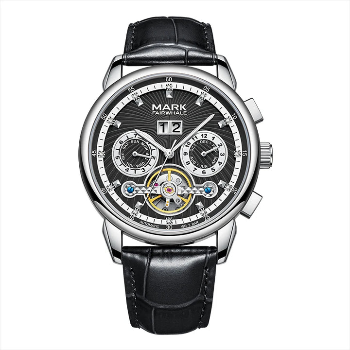 Luxury Fairwhale XAUREO men’s skeleton tourbillon automatic watch with black leather strap and complete calendar
