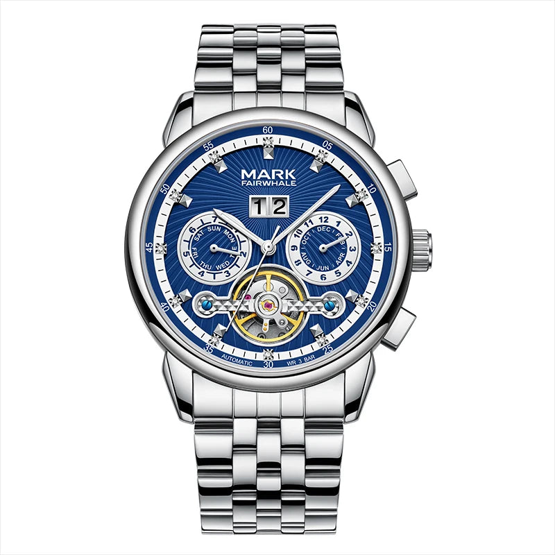 Fairwhale XAUREO men’s luxury automatic watch with blue skeleton dial, stainless steel bracelet and tourbillon design