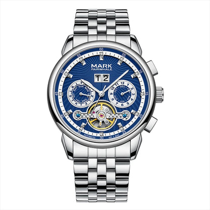 Fairwhale XAUREO men’s luxury automatic watch with blue skeleton dial, stainless steel bracelet and tourbillon design