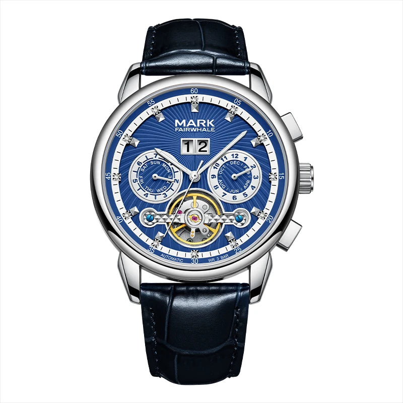 Fairwhale XAUREO blue dial men’s skeleton tourbillon automatic watch with elegant leather strap and luminous hands