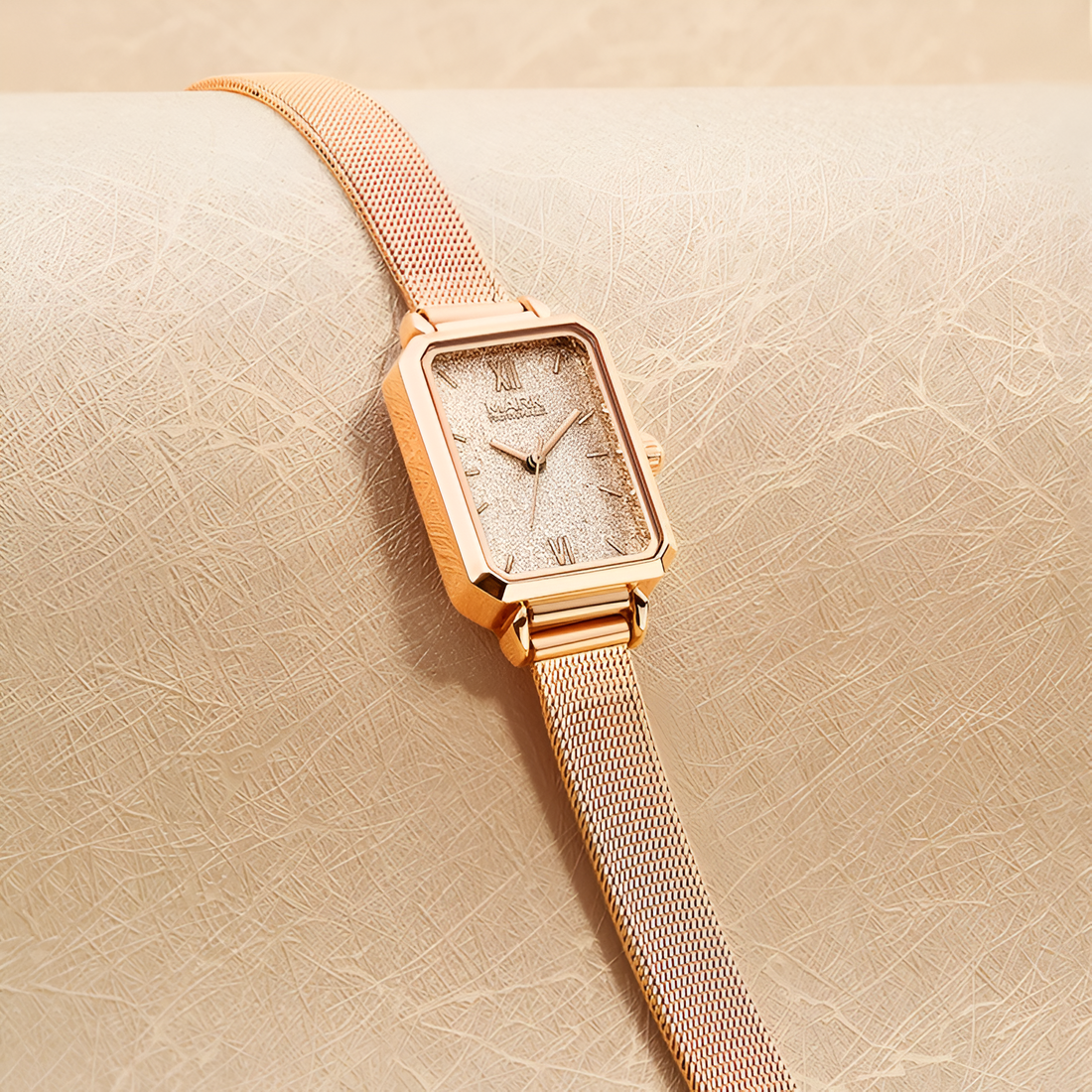Mark Fairwhale FW-3110 SILVANA rose gold women’s quartz watch glitter dial milanese mesh strap lifestyle flat lay