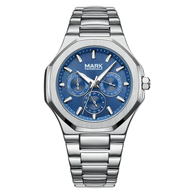 mark fairwhale blue dial chronograph watch stainless steel luxury close up detail
