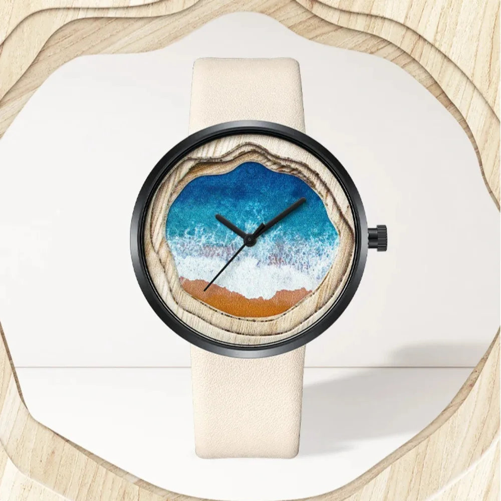 Close-up of OCELYA starry ocean dial watch by Fairwhale, minimalist women’s watch with scratch-resistant glass and elegant numberless face.