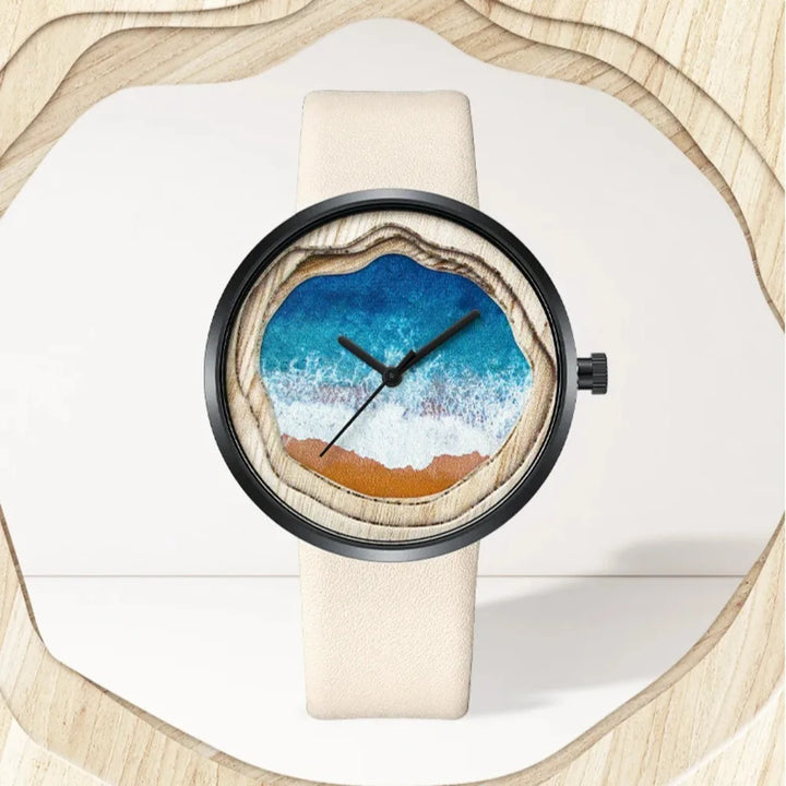 Close-up of OCELYA starry ocean dial watch by Fairwhale, minimalist women’s watch with scratch-resistant glass and elegant numberless face.