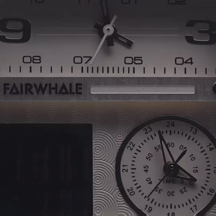 Mark Fairwhale TRICHRON FW-4270 quartz watch with LED digital display, leather strap, and waterproof design