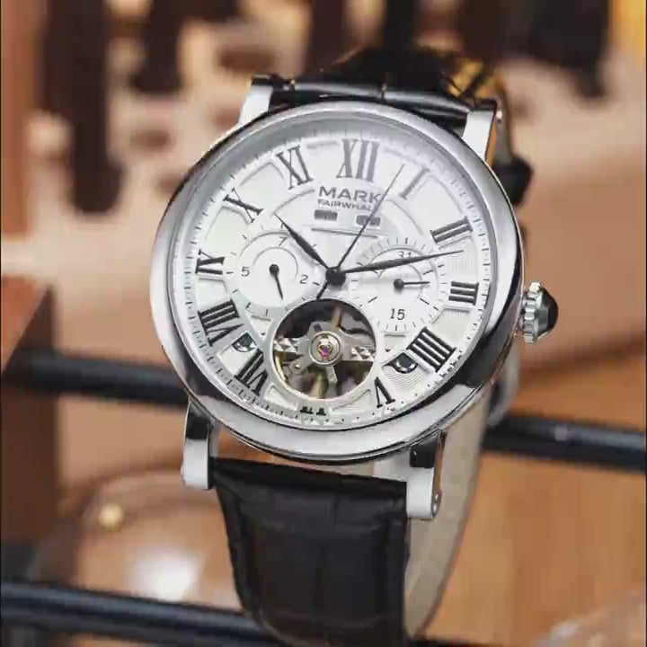 Discover the Mark Fairwhale  FW-6017 automatic tourbillon men’s watch with week &amp; date, leather strap, 30M water resistance and a refined skeleton dial.