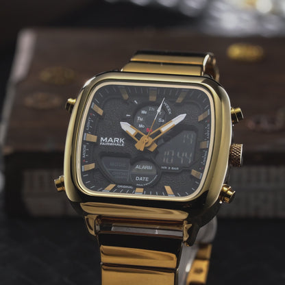 Mark Fairwhale ALTRIX Imperial Gold – Gold-tone square analog-digital quartz watch for men with luminous display and stainless steel strap