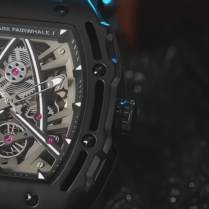 Mark Fairwhale Tonneau Mille FW-6650 men’s luxury skeleton watch with luminous green accents and tonneau stainless steel case