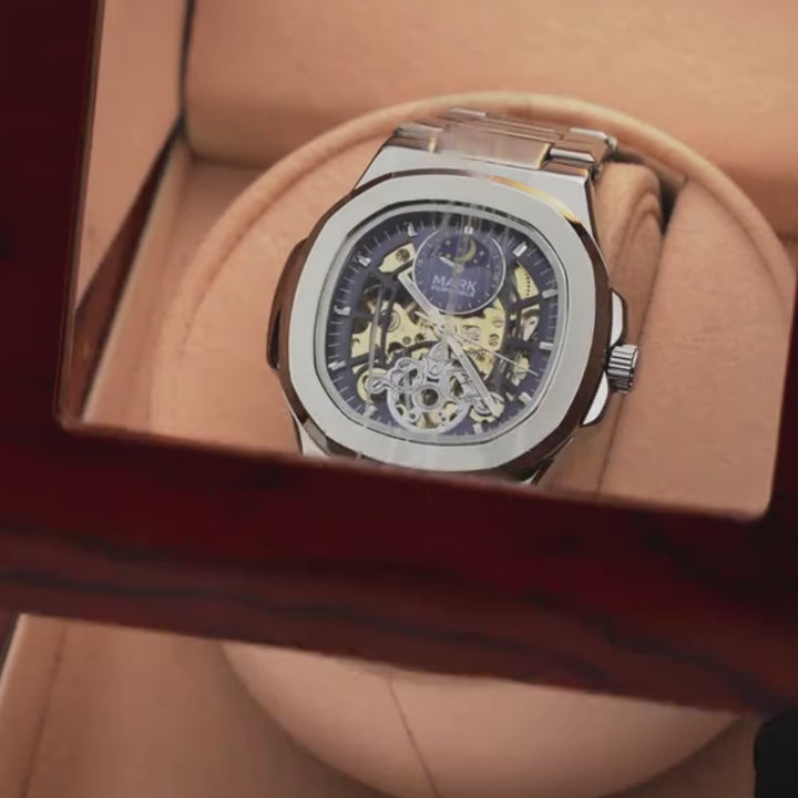 Mark Fairwhale LUNASKEL FW-6012 blue skeleton automatic watch with moon phase stainless steel strap