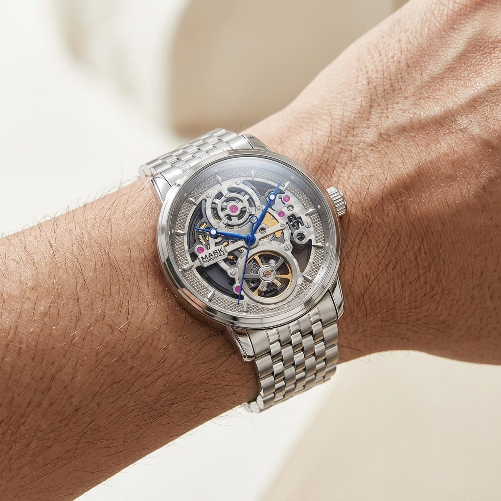 Silver watch with visible mechanical components on a white background
