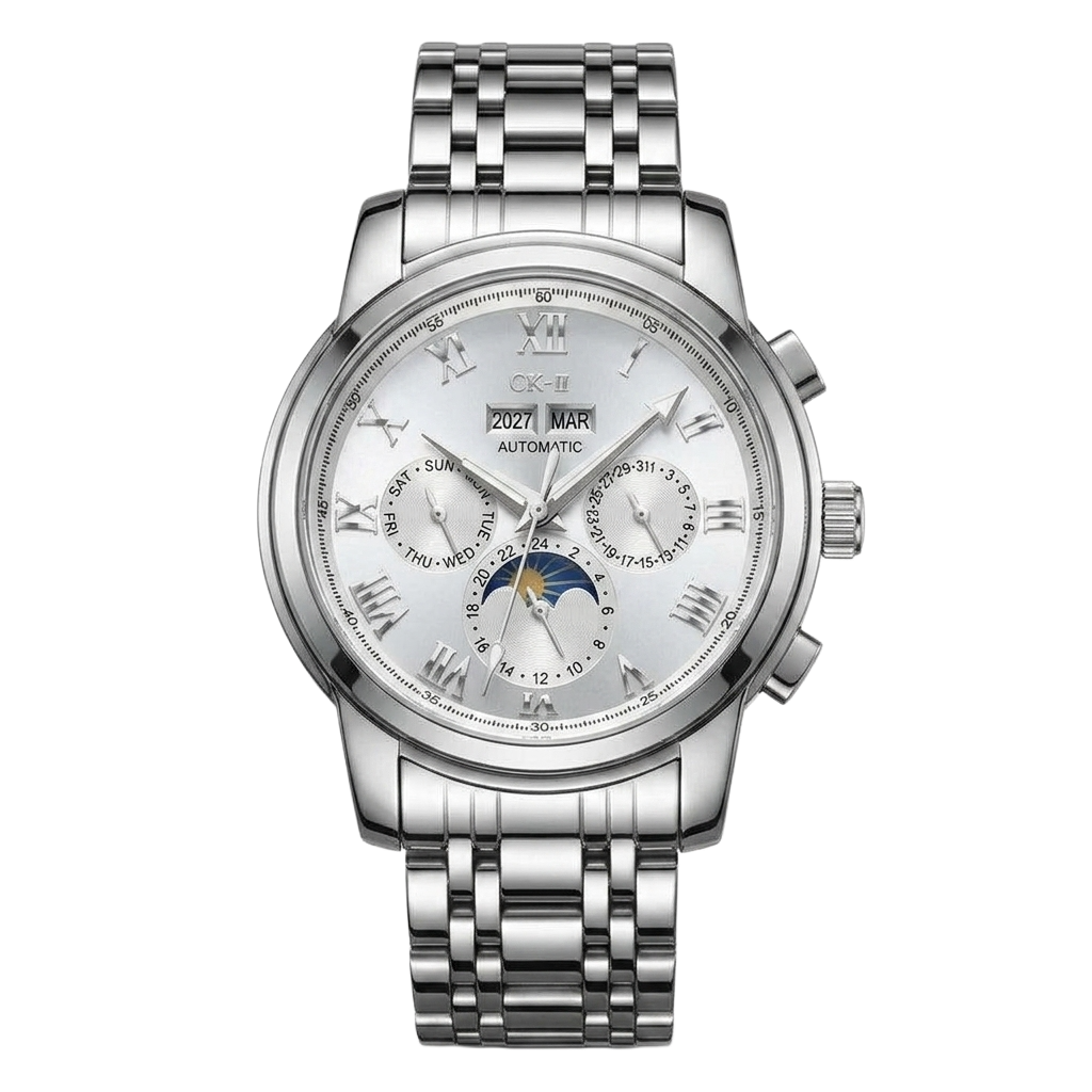 Silver automatic watch with white dial, moonphase display and stainless steel bracelet