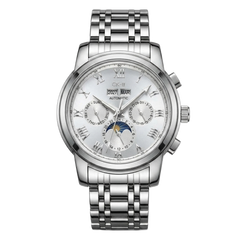 Silver automatic watch with white dial, moonphase display and stainless steel bracelet
