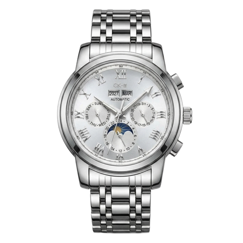 Silver automatic watch with white dial, moonphase display and stainless steel bracelet