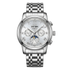 Silver automatic watch with white dial, moonphase display and stainless steel bracelet