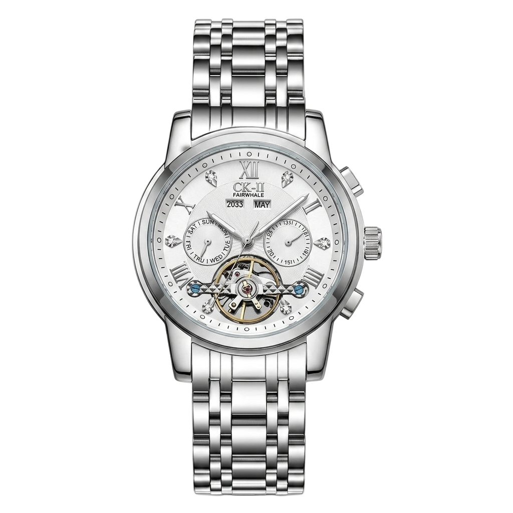 Silver automatic watch with white dial, open-heart skeleton movement and stainless steel bracelet