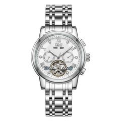 Silver automatic watch with white dial, open-heart skeleton movement and stainless steel bracelet