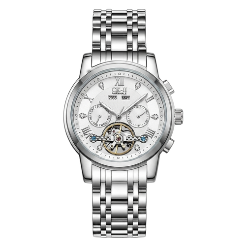 Silver automatic watch with white dial, open-heart skeleton movement and stainless steel bracelet