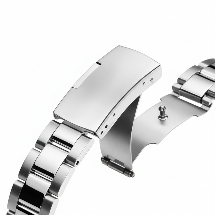 stainless steel watch clasp deployment buckle close up luxury detail
