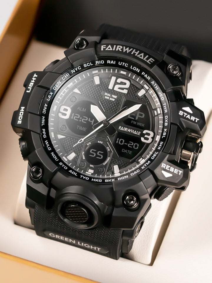 Close-up of the FW-4230 ROGUEFORCE tactical watch in black with illuminated dial.